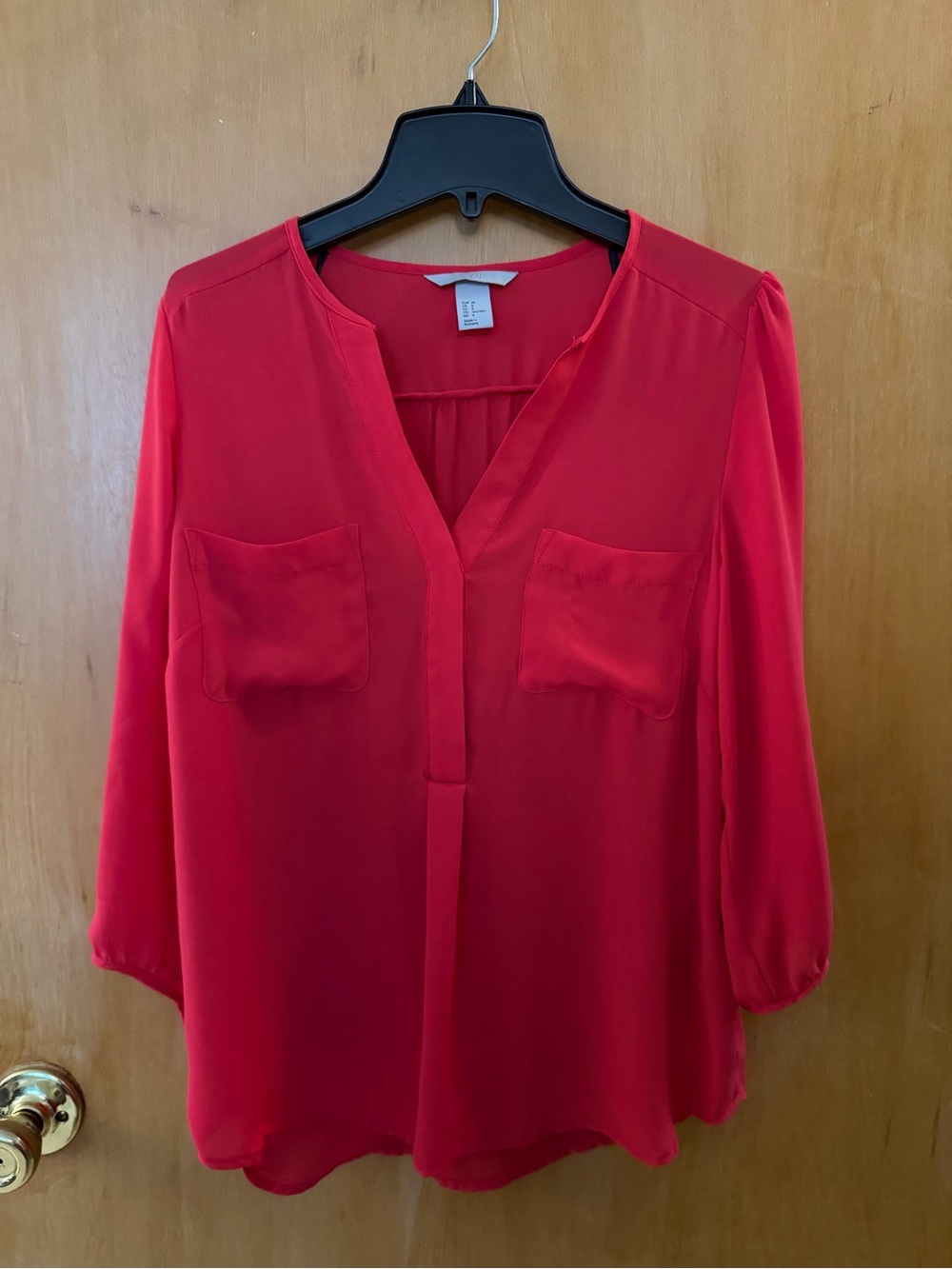 H&M Bright Red V-Neck Blouse with Front Pockets